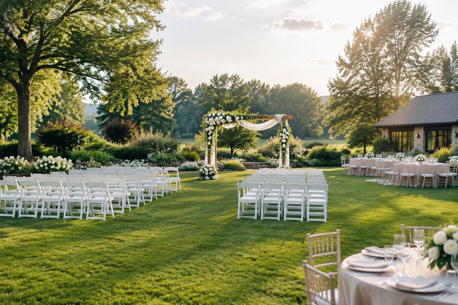 A landscaped garden wedding venue with a floral ceremony arch, white chairs, and outdoor reception tables.
