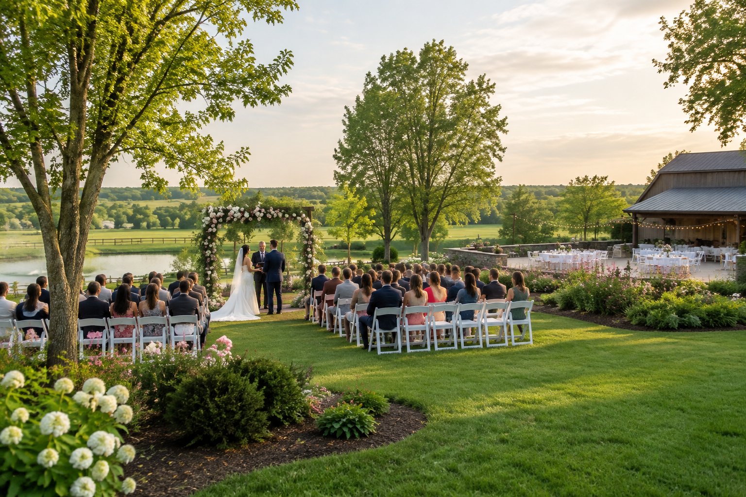 An outdoor wedding ceremony in a lush garden with a floral arch, white chairs, and mature trees.