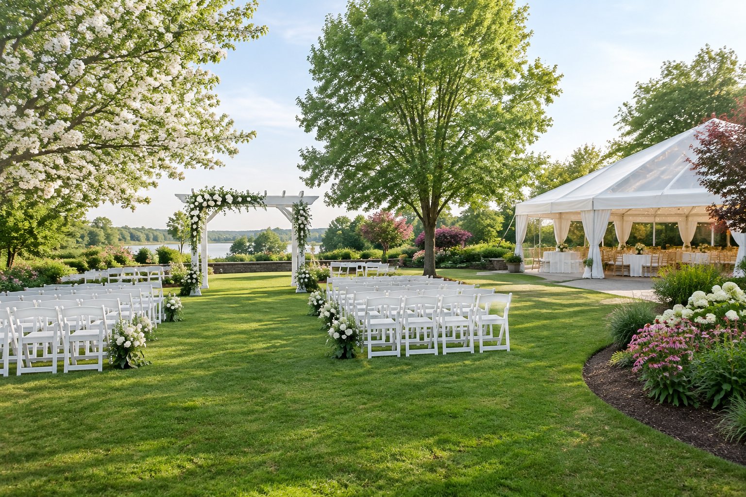 A landscaped garden wedding venue with white ceremony chairs, a flower-decorated arbor, and reception tables beneath a canopy.