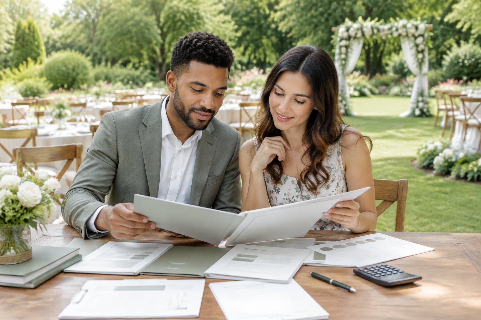 A couple compares blank wedding venue materials at a table in an outdoor garden wedding setting.