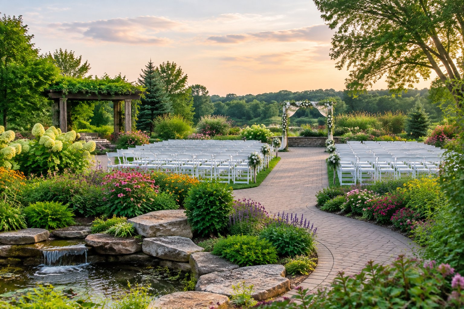 A landscaped botanical garden with colorful flower beds, winding paths, and white wedding ceremony chairs beneath a floral arbor.