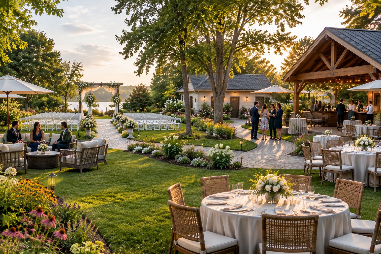 Guests gather comfortably in a spacious landscaped garden wedding venue with seating, tables, and shaded areas.