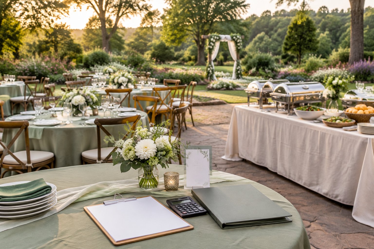 An outdoor garden wedding reception with decorated tables, catered food, and planning materials.