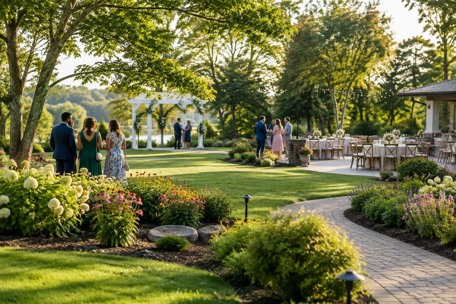 A landscaped garden wedding venue with a white ceremony arbor, reception tables, and guests on a sunny lawn.