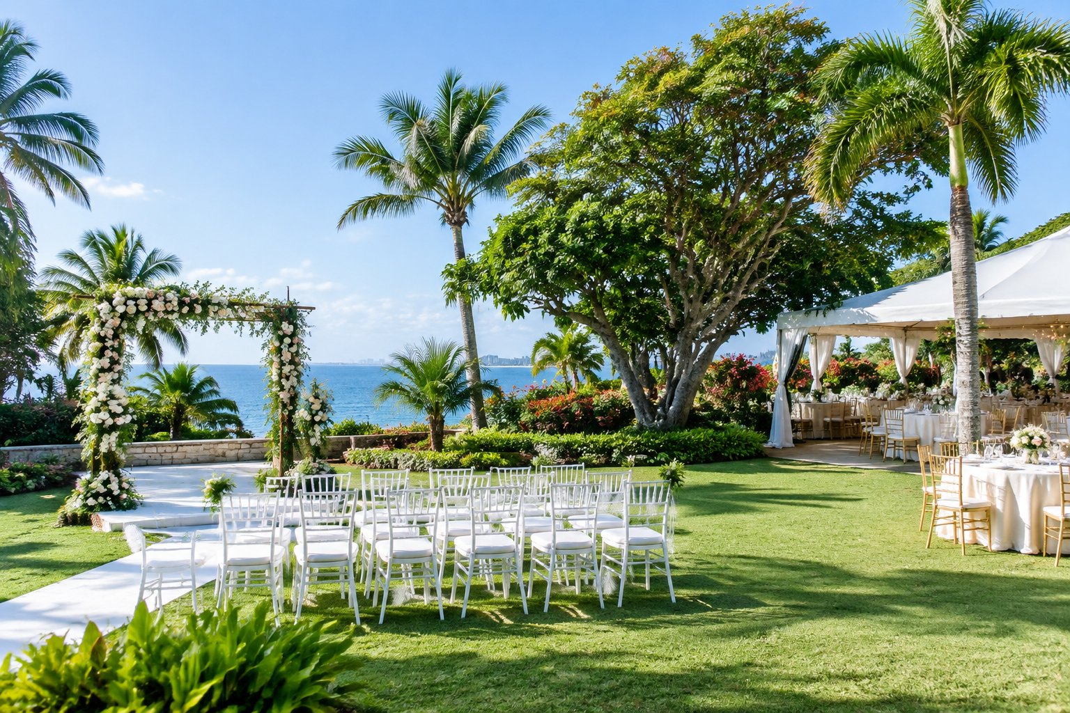 An elegant wedding ceremony setup in a lush Durban garden with white chairs, flowers, and tropical greenery.