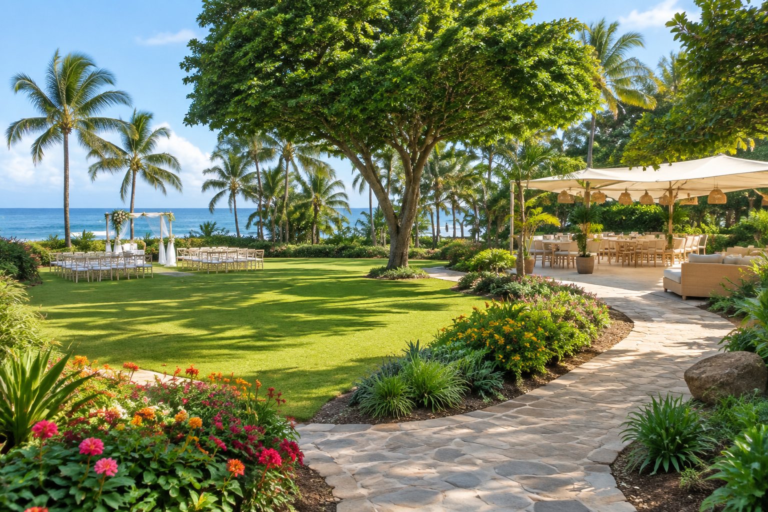 A lush Durban garden wedding venue with lawns, tropical plants, shaded trees, pathways, and an outdoor reception area.
