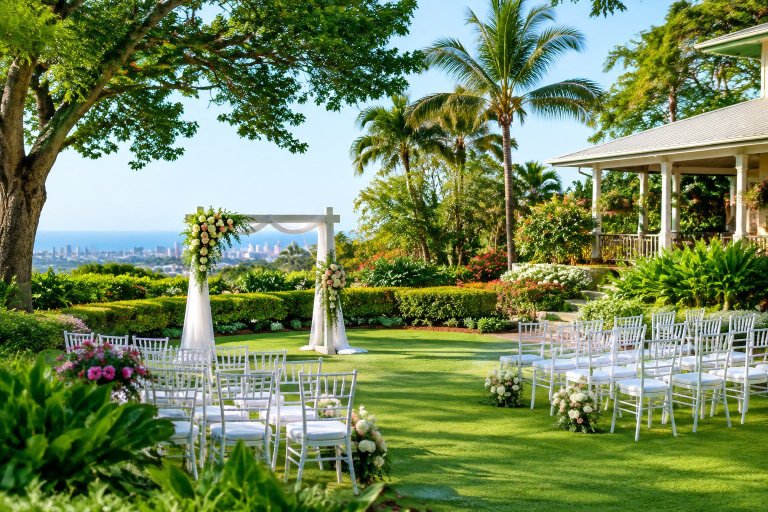 A landscaped garden wedding venue with a floral arch, white chairs, tropical plants, and a veranda.