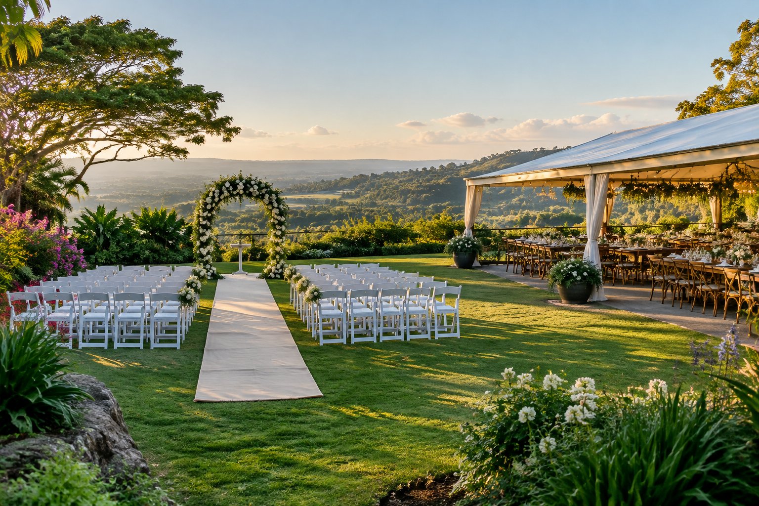 Elegant outdoor wedding ceremony setup in a lush garden estate overlooking a green valley.