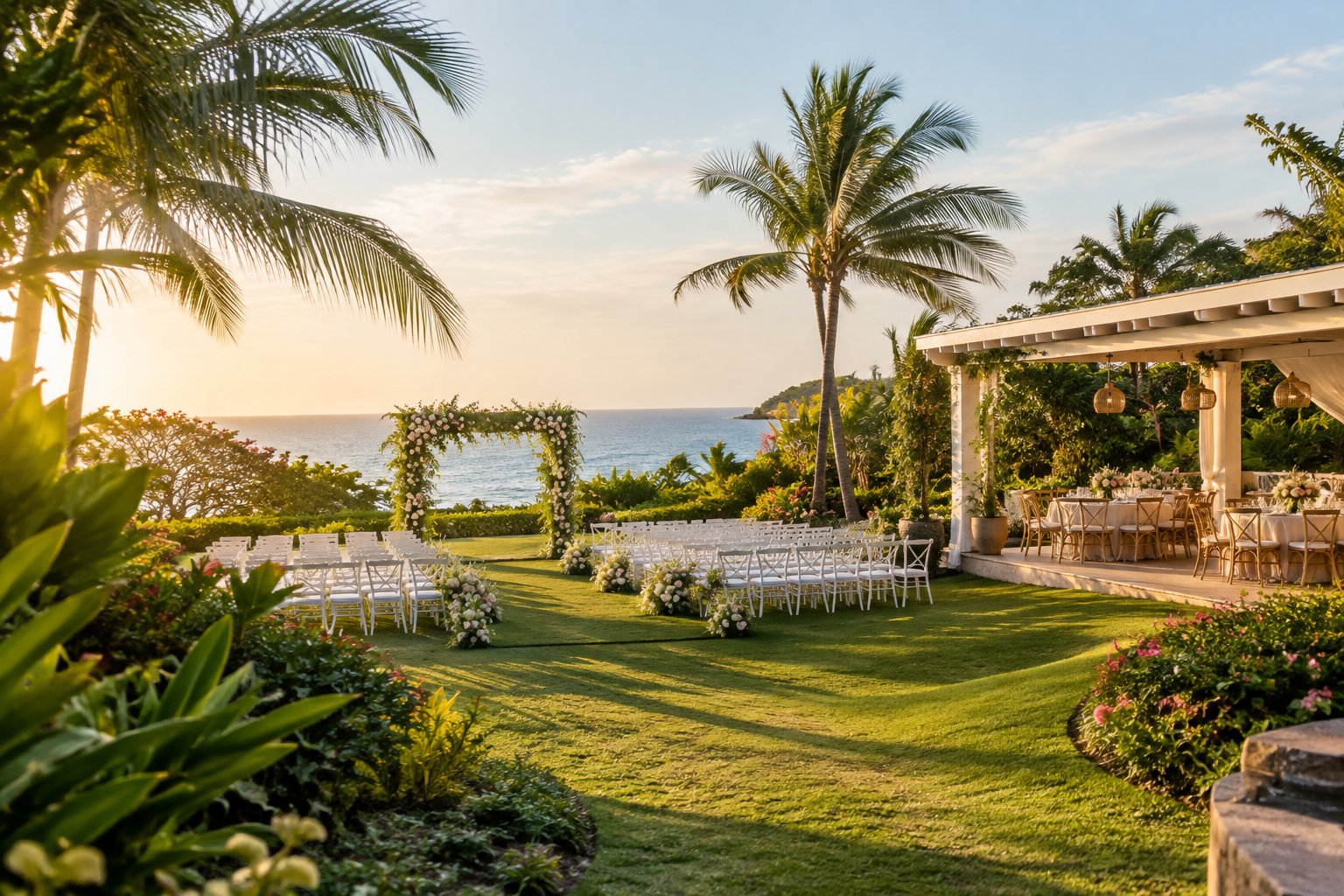 A tropical coastal garden wedding venue with a floral ceremony arch, white chairs, and the ocean in the background.