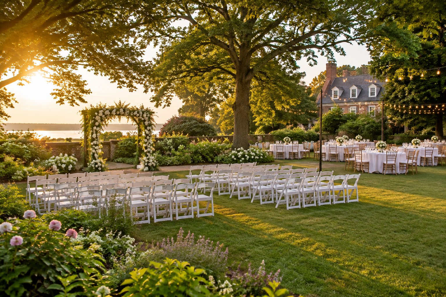 A landscaped garden wedding venue with white ceremony chairs, a flower-covered arbor, and a decorated outdoor reception area.