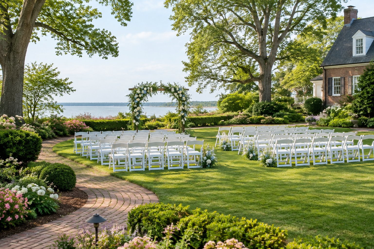 A landscaped garden wedding venue near Yorktown with white chairs, flowers, trees, and a floral ceremony arch.