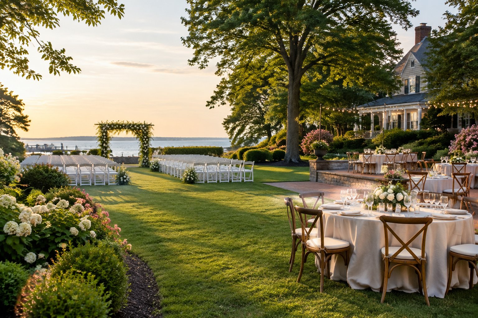 An elegant wedding ceremony and reception setup in a lush garden.