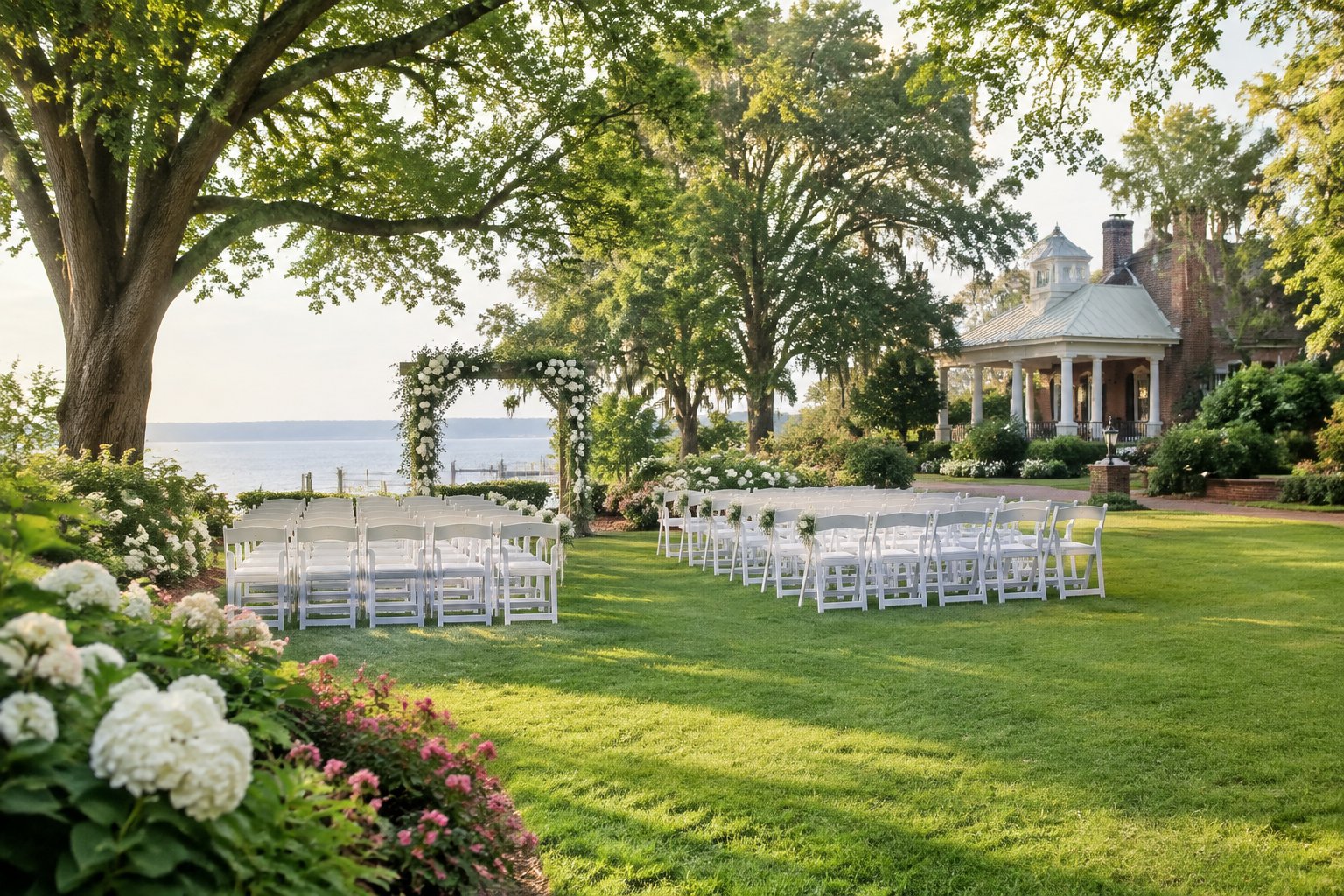 An elegant garden wedding ceremony setup with white chairs, flowers, and a historic venue surrounded by greenery.