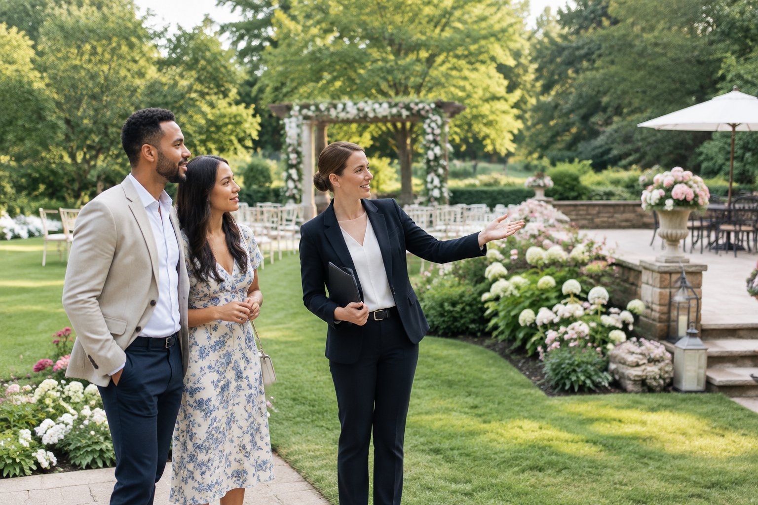 A couple tours a landscaped garden wedding venue with a coordinator.