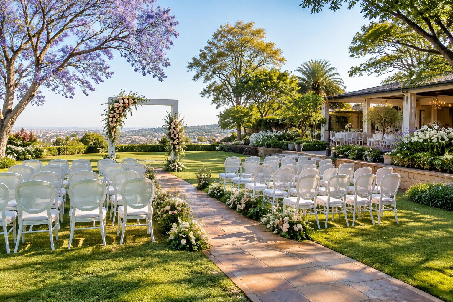 An elegant outdoor wedding ceremony setup in a lush Johannesburg garden.