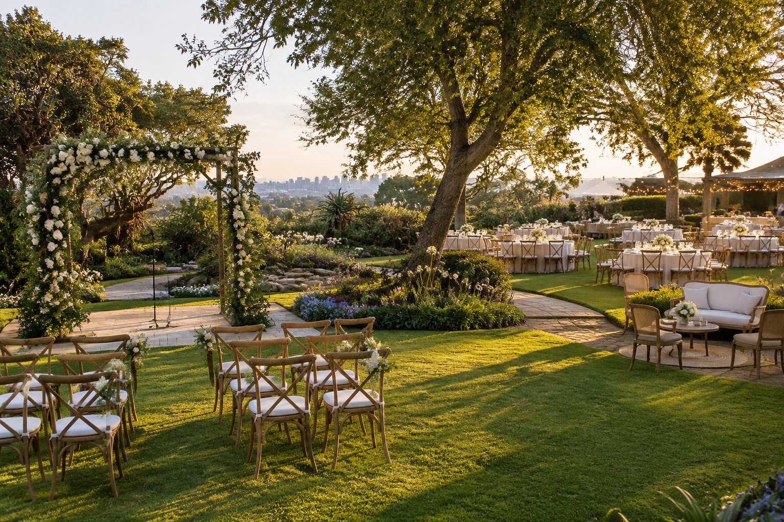 An elegant garden wedding venue with ceremony chairs, decorated tables, flowering plants, and mature trees.