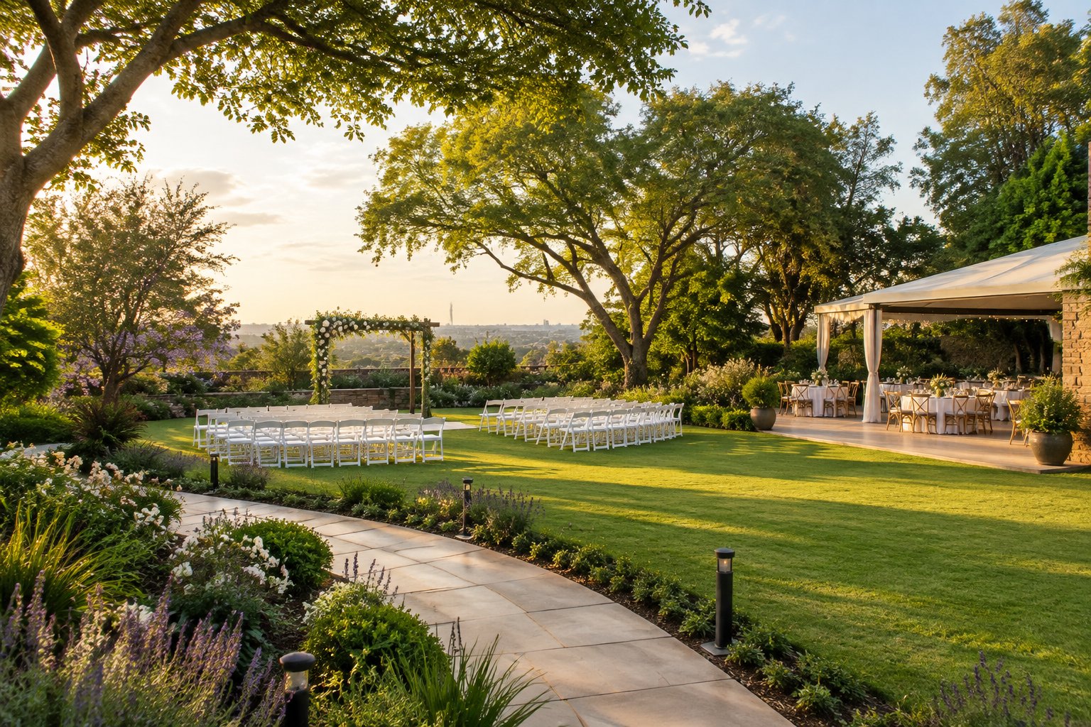 A landscaped Johannesburg garden wedding venue with a floral arbor, white chairs, and reception tables on a sunny lawn.