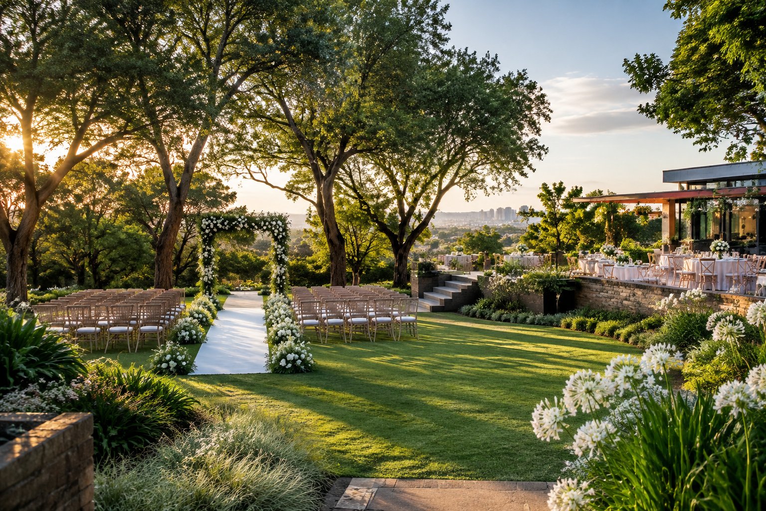 A landscaped garden wedding venue with a ceremony arch, floral arrangements, green lawns, and trees.
