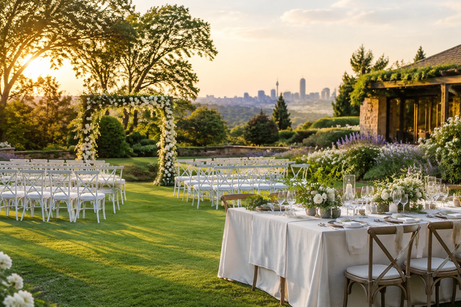 Elegant outdoor wedding reception set in a lush garden with a floral arch, white chairs, and a decorated table.
