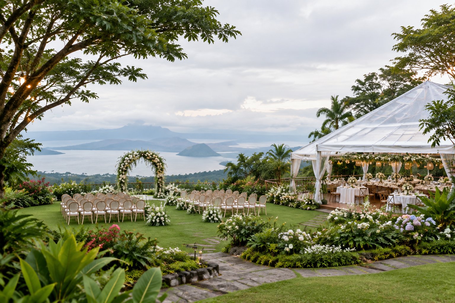An elegant garden wedding venue in Tagaytay with floral decorations, white chairs, a reception tent, and misty mountain views.