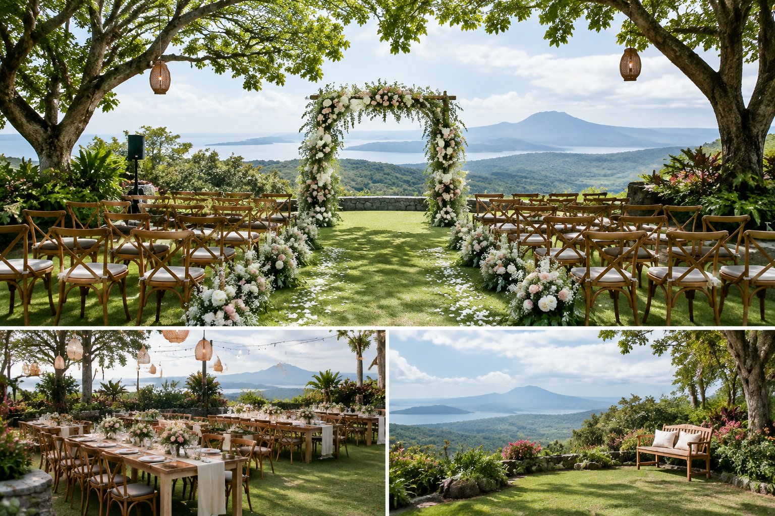 A romantic garden wedding venue in Tagaytay with flower arrangements, elegant seating, and views of green hills.
