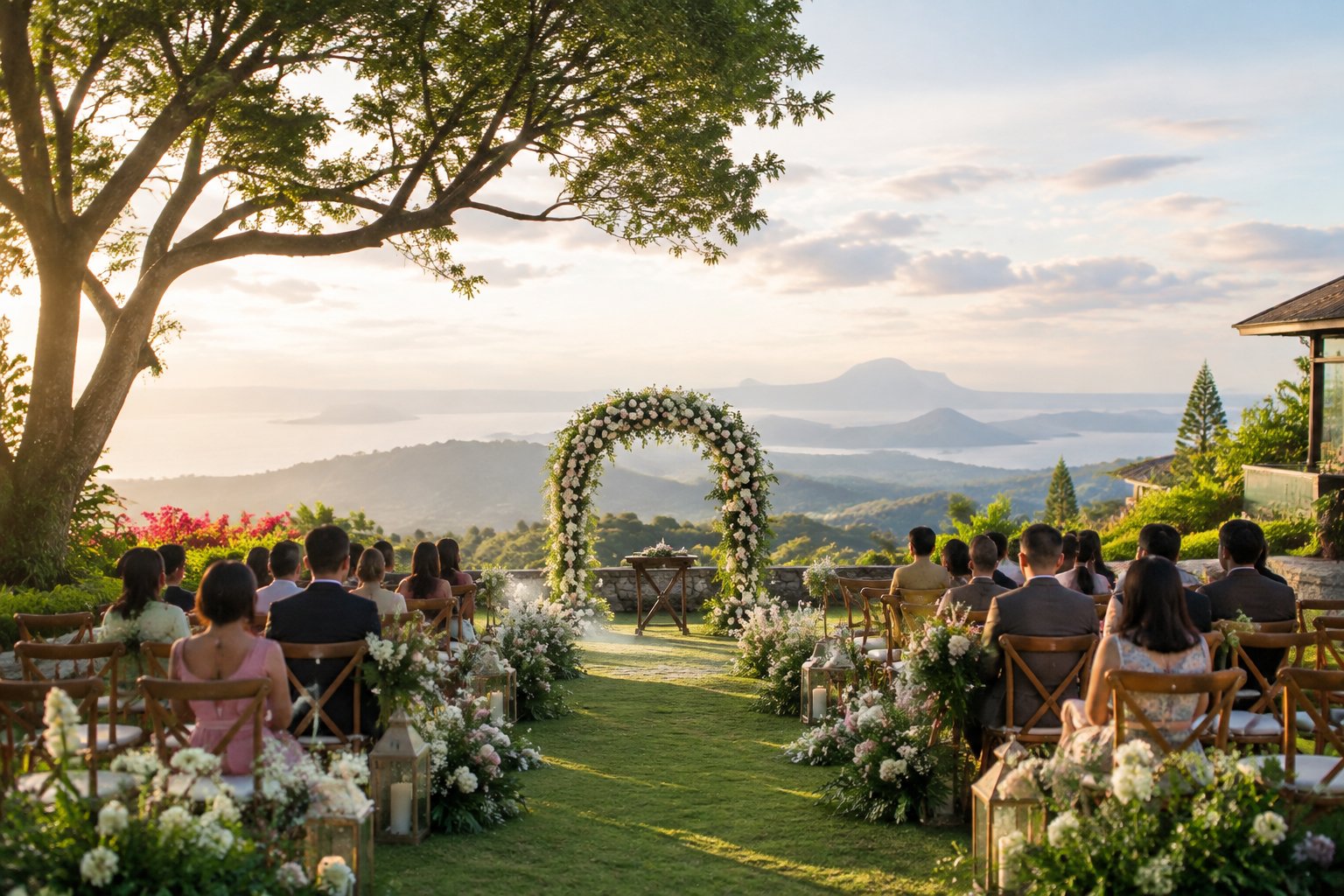 An elegant outdoor wedding ceremony in a lush garden overlooking the Tagaytay landscape.
