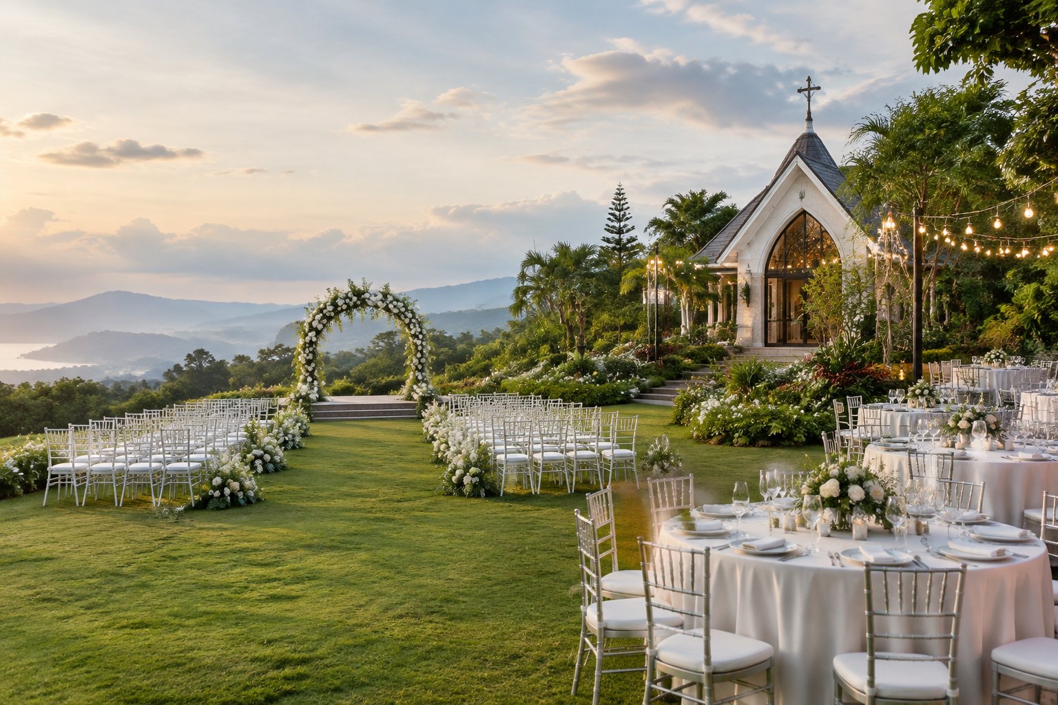 A garden wedding ceremony and reception setup in a lush Tagaytay venue.