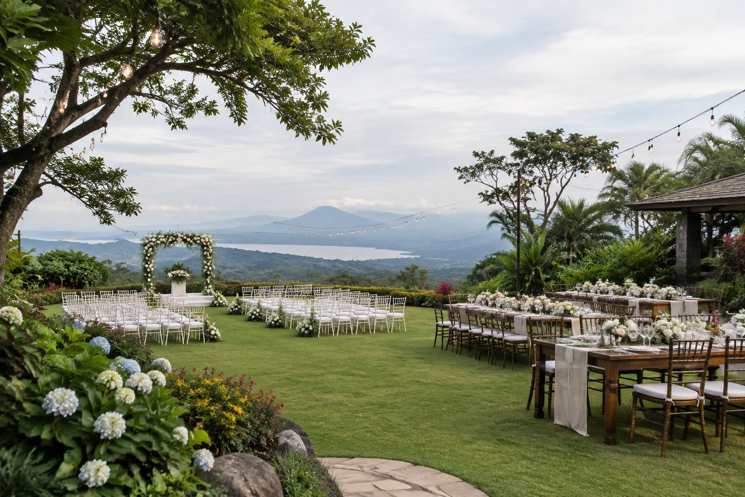 An elegant garden wedding venue in Tagaytay with a floral ceremony arch, white chairs, landscaped greenery, and a decorated reception area.