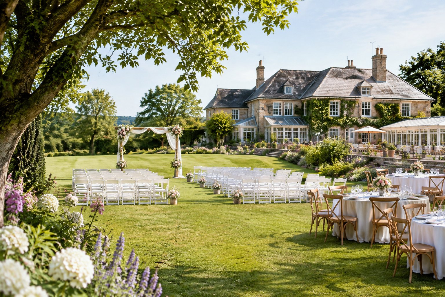 A landscaped garden wedding venue with an outdoor ceremony setup and guest accommodation in the background.