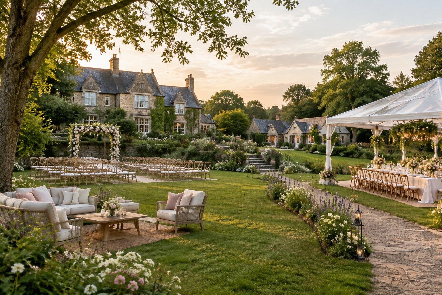 An elegant garden wedding venue with a decorated ceremony area, reception seating, and guest accommodations in the background.