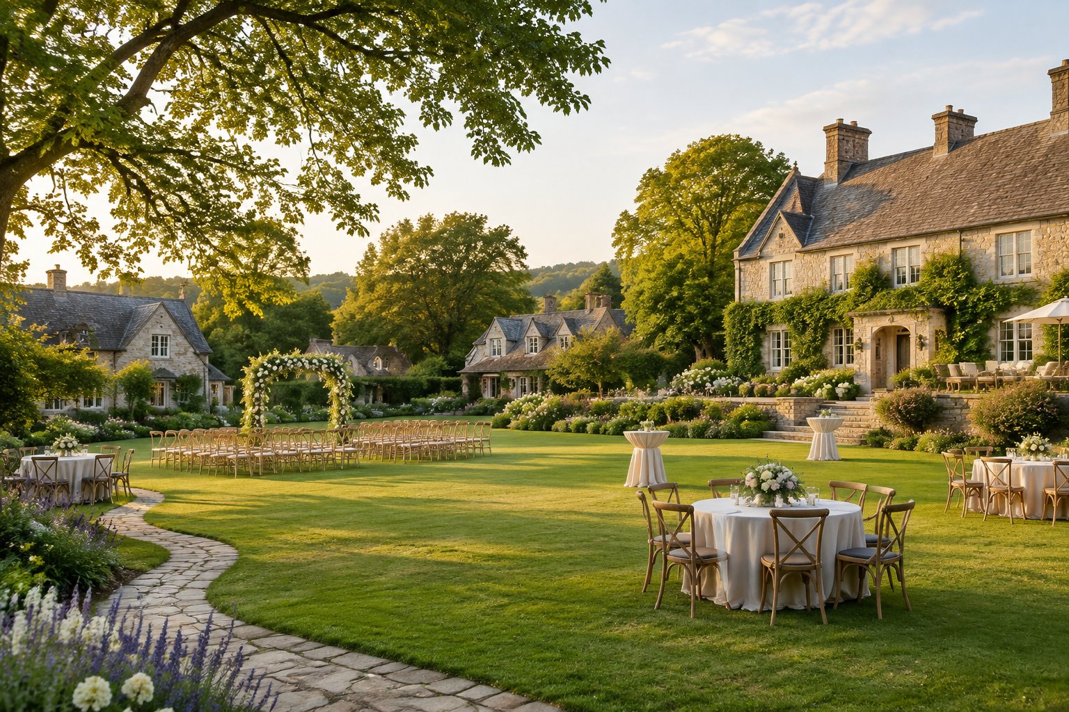 A landscaped garden wedding venue beside an elegant countryside estate with guest accommodations.