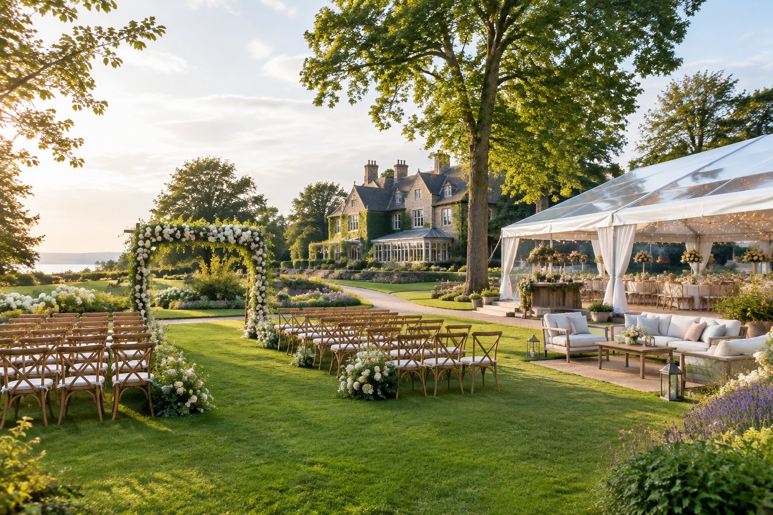 A landscaped garden wedding venue with a flower-covered ceremony arch, reception tables, and an elegant guesthouse in the background.