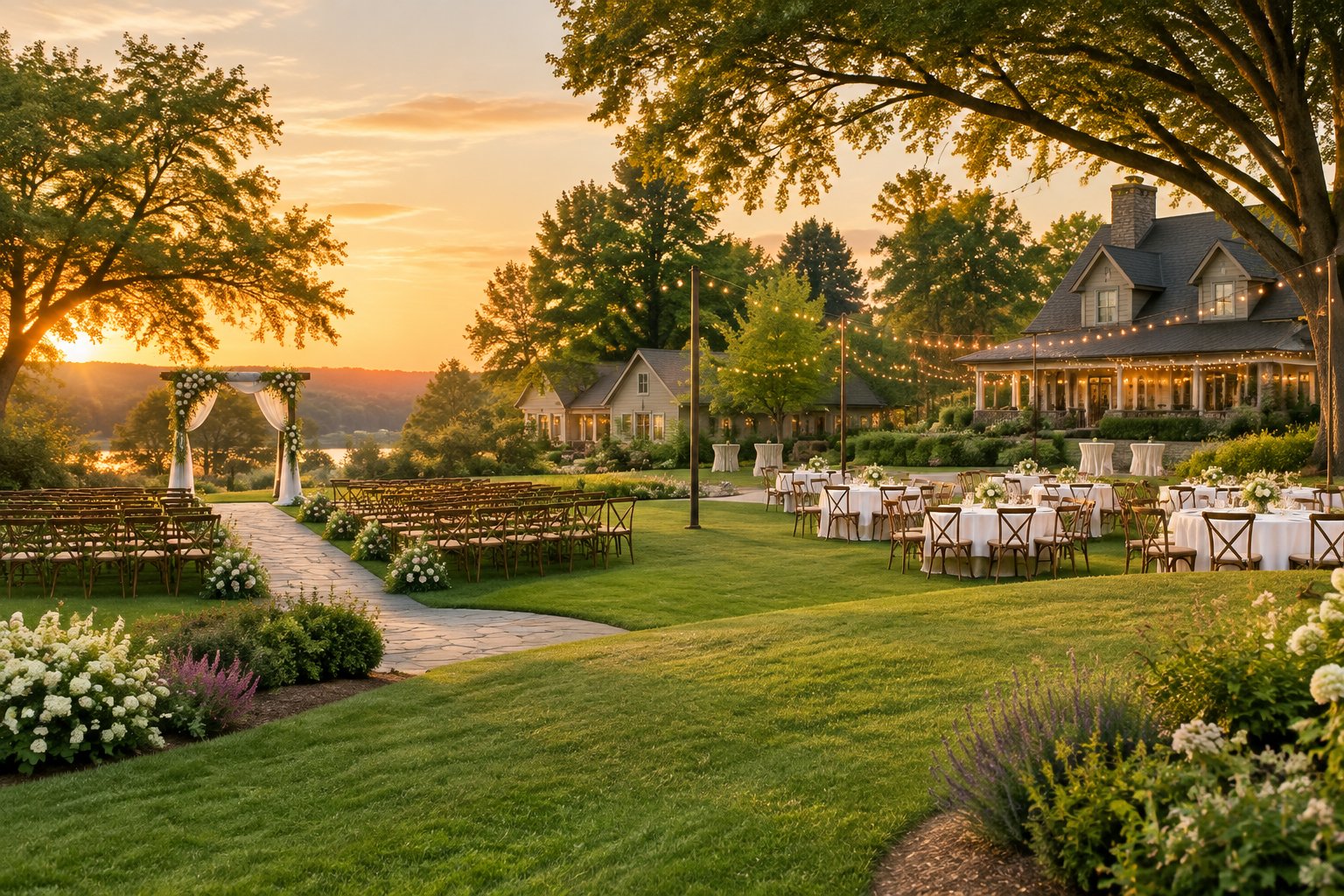 A landscaped garden wedding venue with an outdoor reception area and guest cottages in the background.
