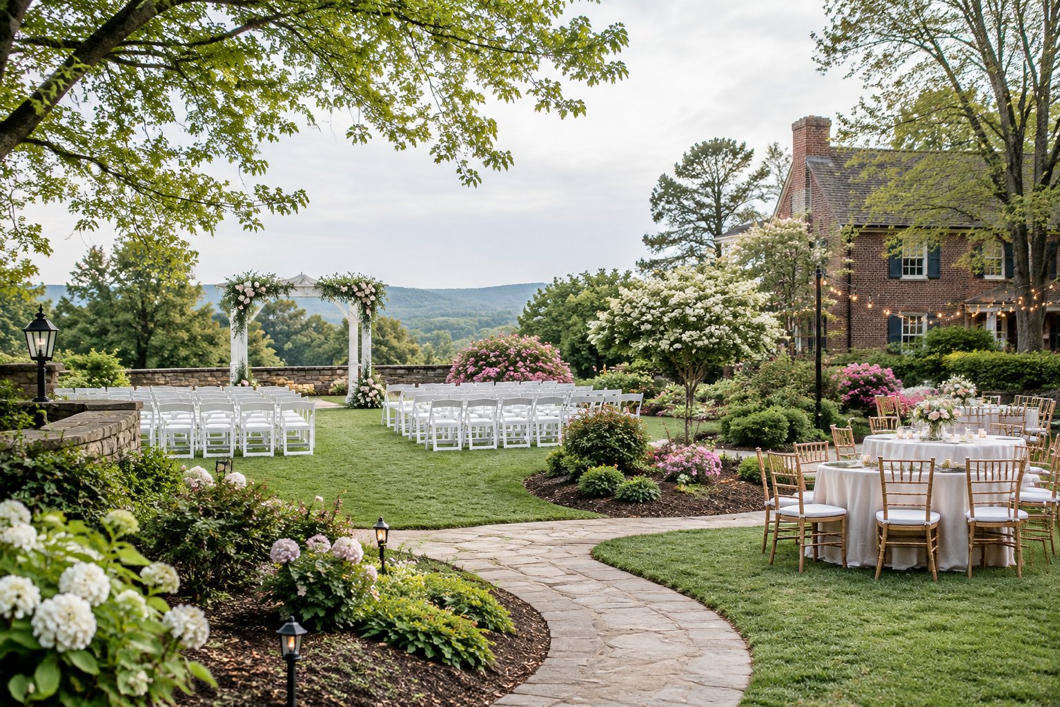 A landscaped garden wedding venue with a floral arbor, white chairs, manicured lawns, and reception tables.