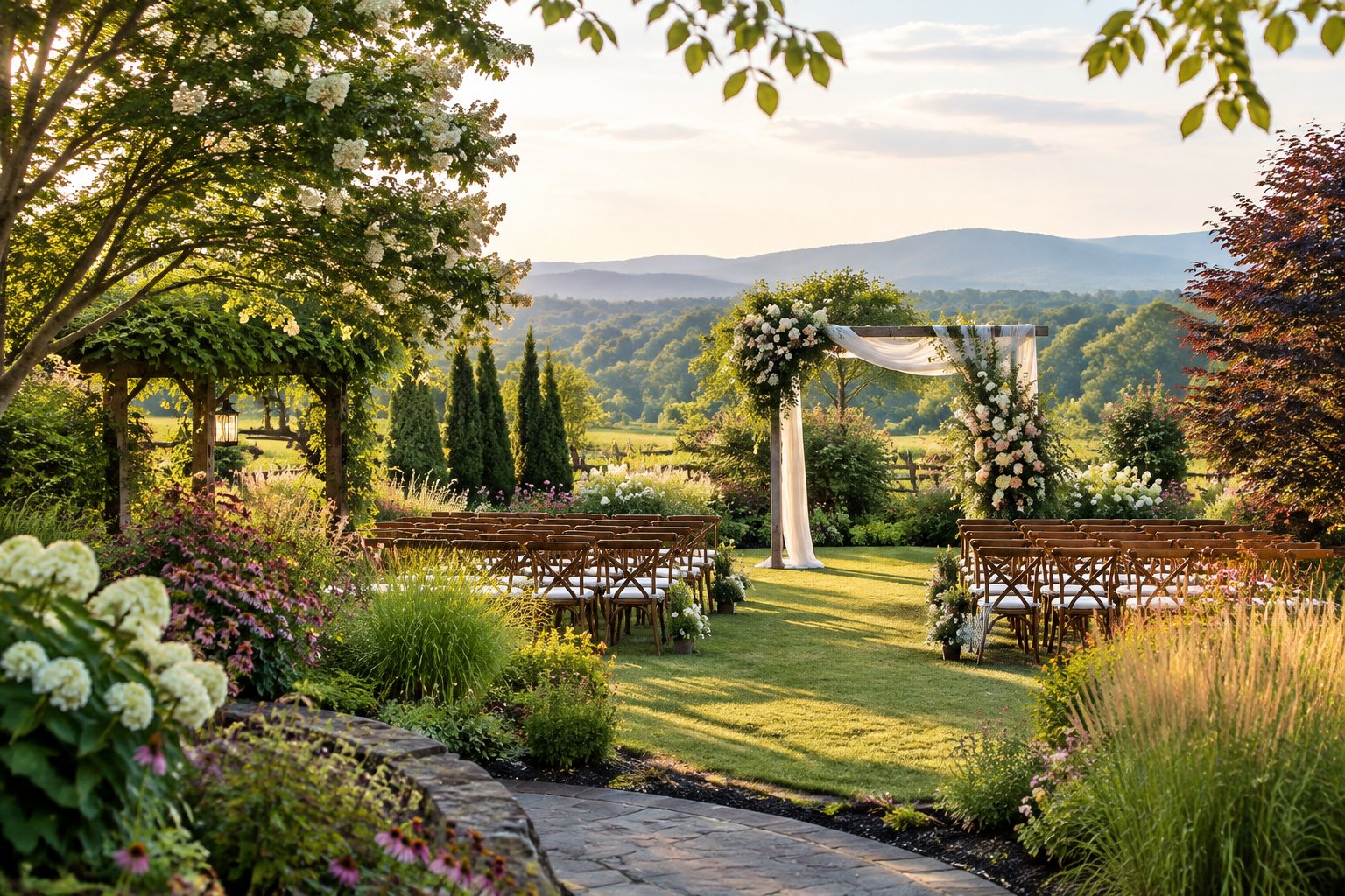 An elegant outdoor wedding ceremony area surrounded by lush flowering gardens and greenery.