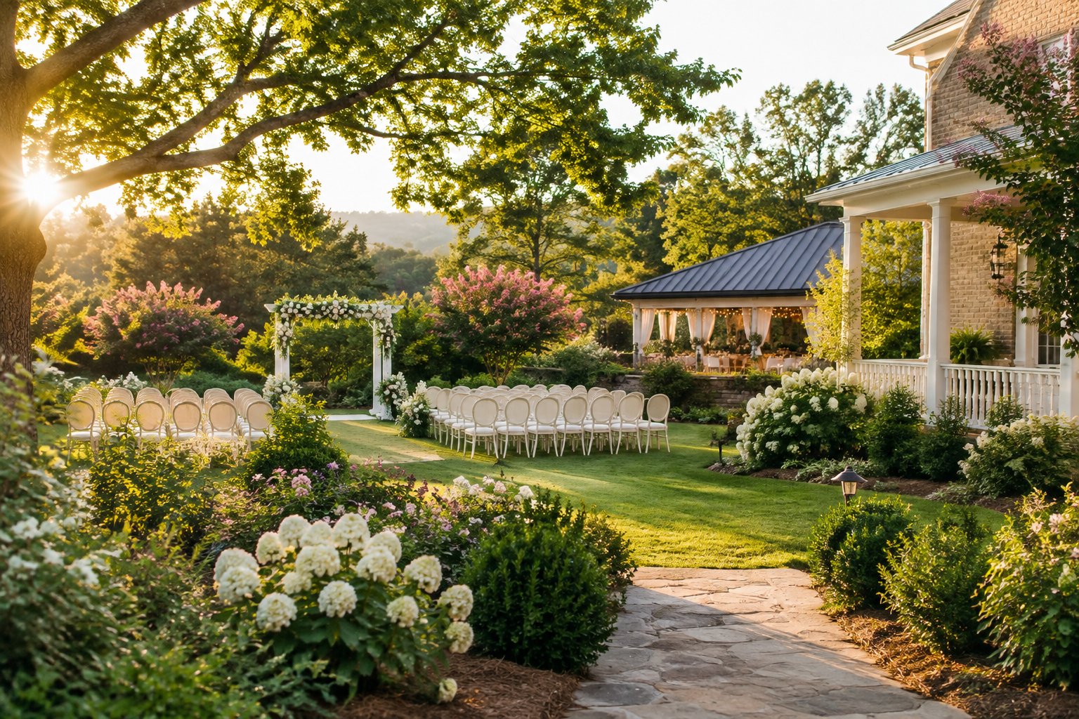 A flower-filled garden wedding venue with a decorated arbor, rows of chairs, and a reception pavilion.