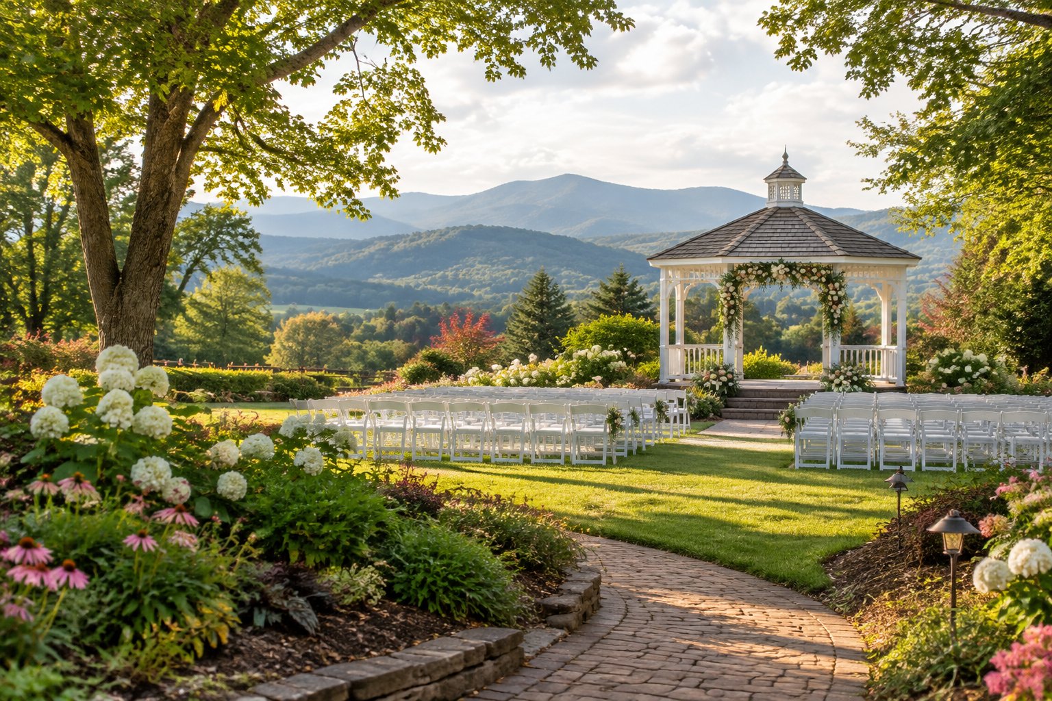 A landscaped garden wedding venue with a flower-decorated arbor, white chairs, and Appalachian hills in the background.