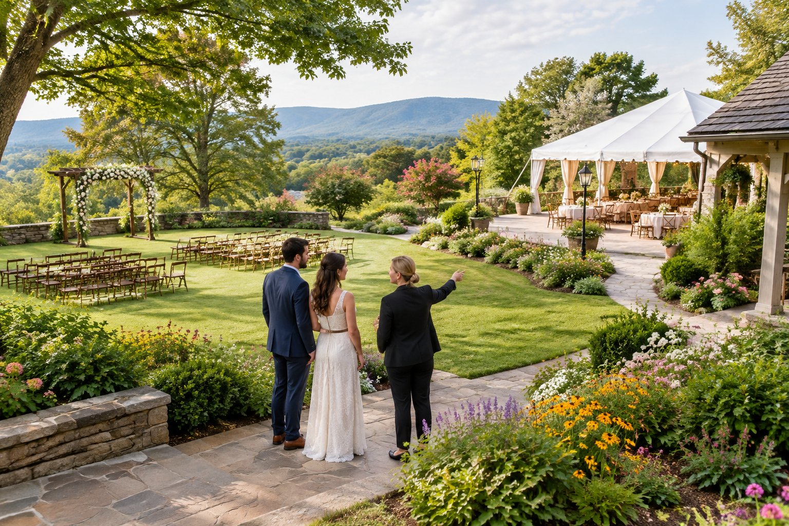 A couple and venue coordinator compare two landscaped garden wedding areas with ceremony and reception spaces.