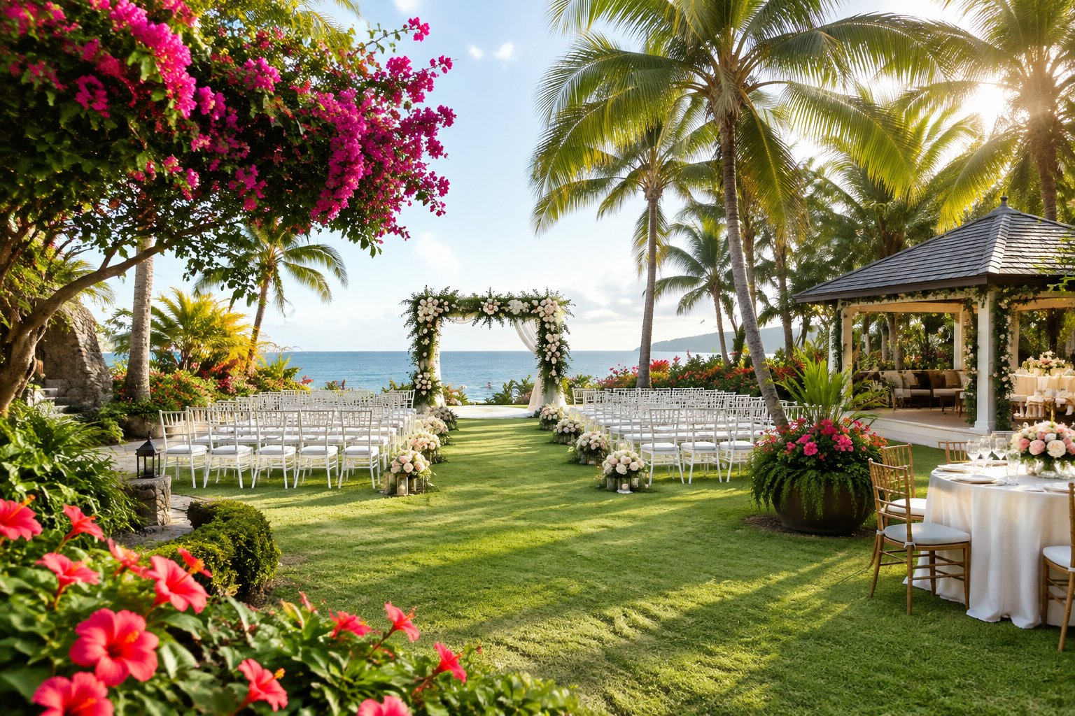 An elegant wedding ceremony setup in a lush tropical garden in Jamaica.