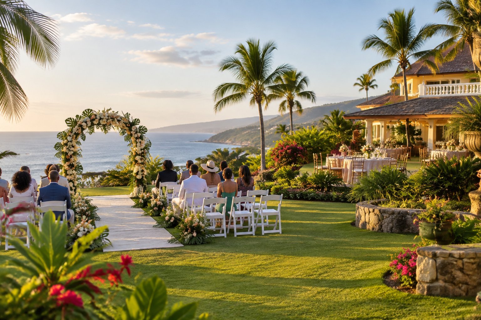 An elegant outdoor wedding ceremony set in a lush tropical Jamaican garden.