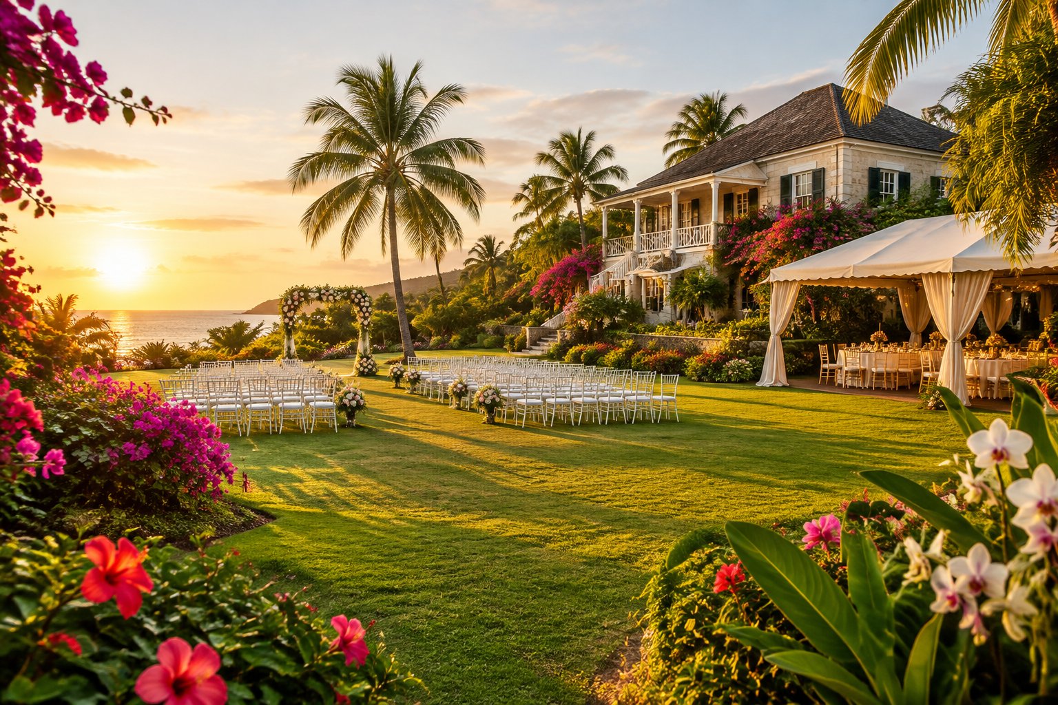 A tropical Jamaican garden estate prepared for an outdoor wedding, with floral decorations, white chairs, and a villa in the background.
