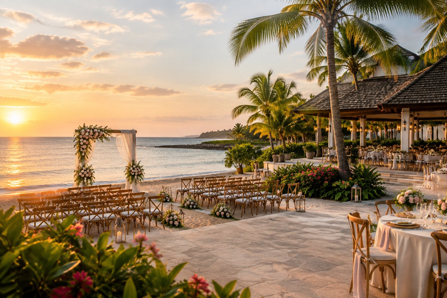 Elegant tropical wedding setup beside a Caribbean beach at sunset.