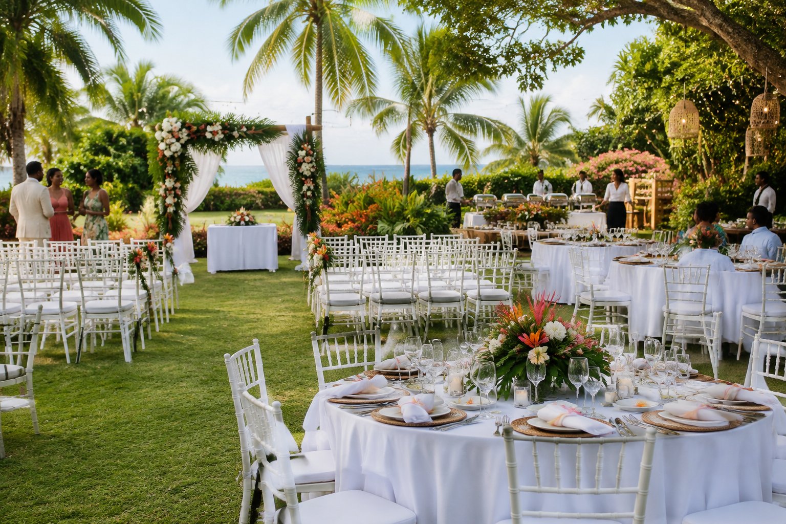 Outdoor Jamaican garden wedding ceremony and reception setup with tropical flowers, decorated tables, and guests.