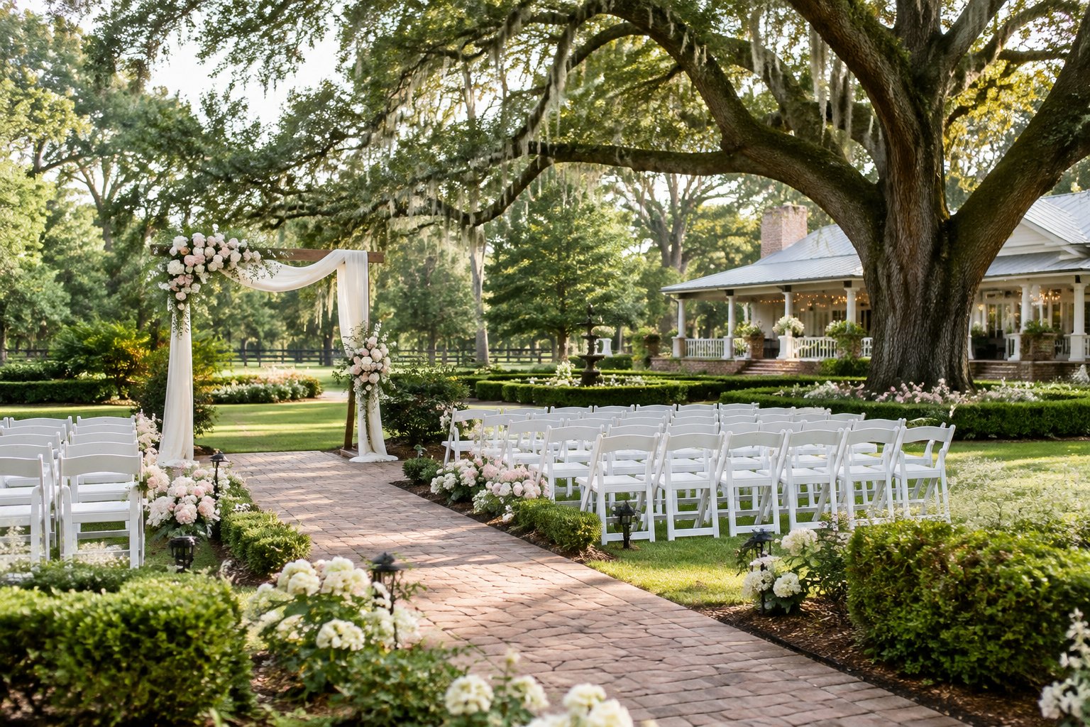Elegant outdoor wedding ceremony setup in a lush garden with oak trees, flowers, white chairs, and a decorated arbor.