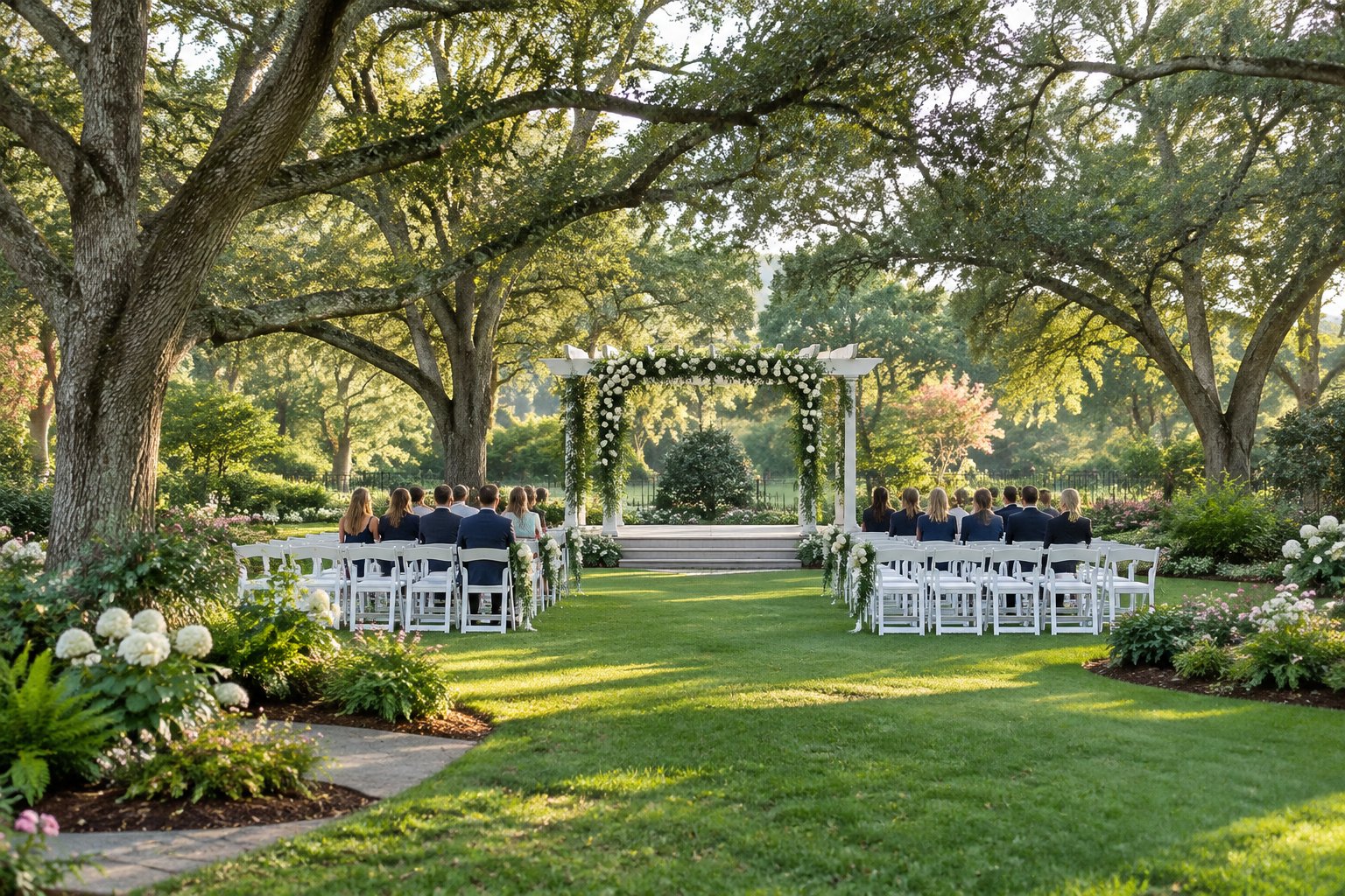 An elegant outdoor wedding ceremony setup in a lush garden with white chairs, flowering plants, and a decorated arbor beneath mature trees.