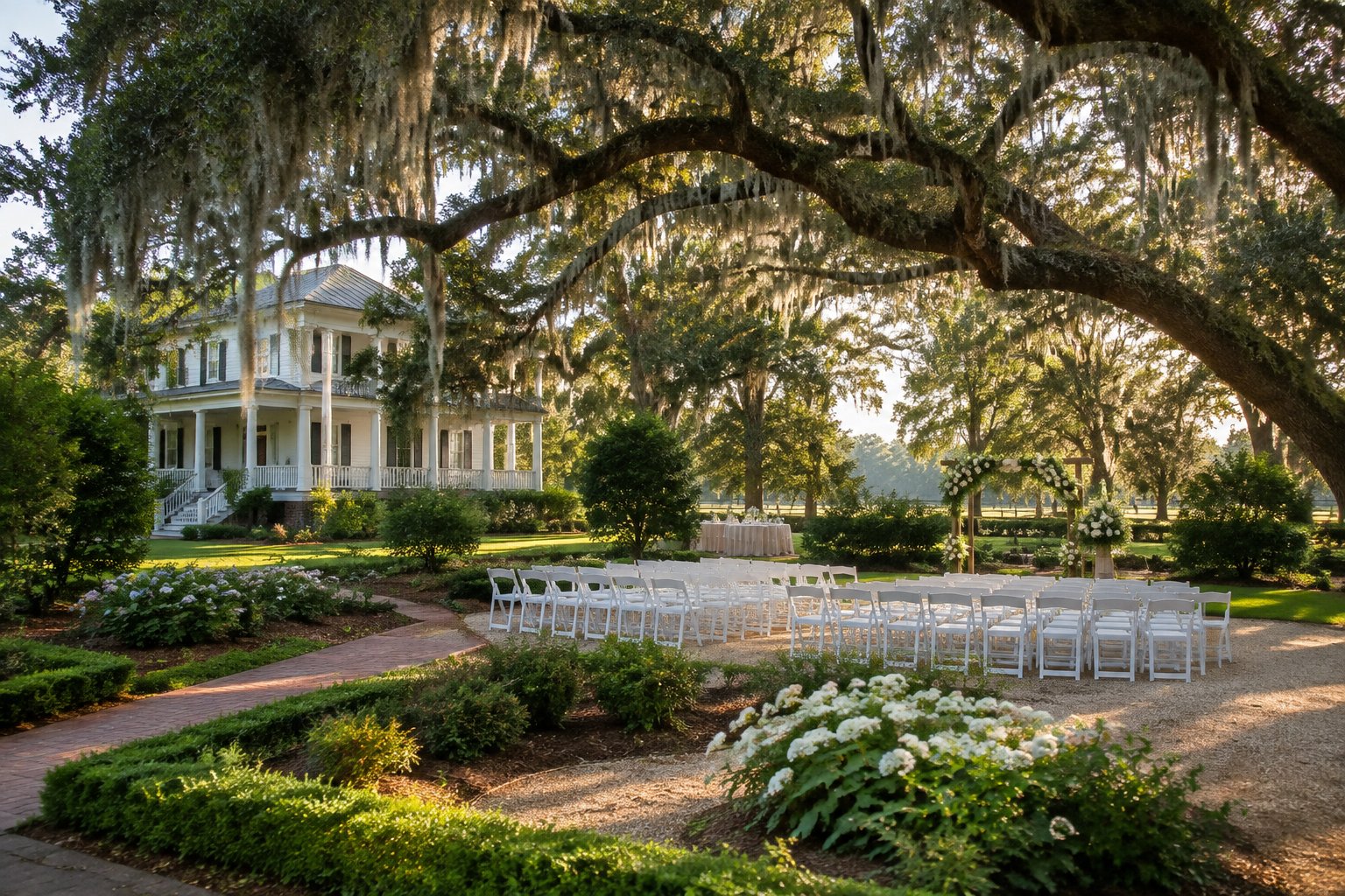 A historic Southern home surrounded by flowering gardens and an outdoor wedding ceremony setup.