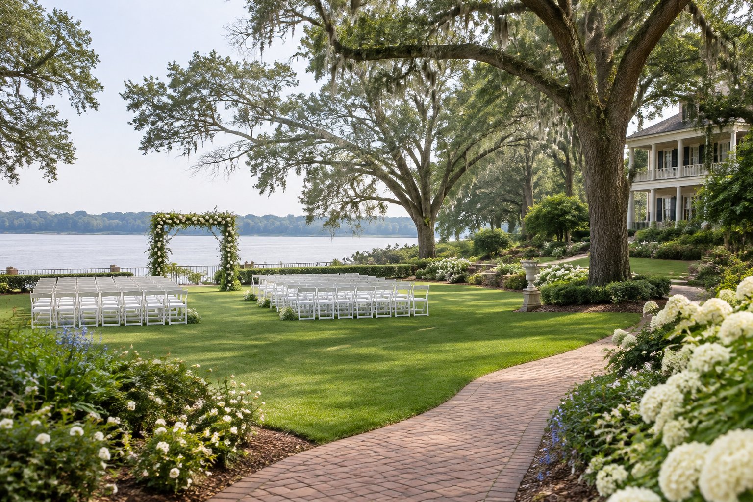 An elegant outdoor wedding ceremony setup in a lush garden beside a calm river, with a historic estate in the background.