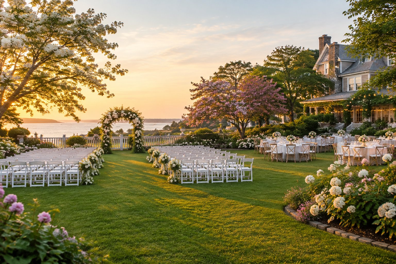An elegant garden wedding venue with white chairs, a floral ceremony arch, manicured lawns, and decorated reception tables.