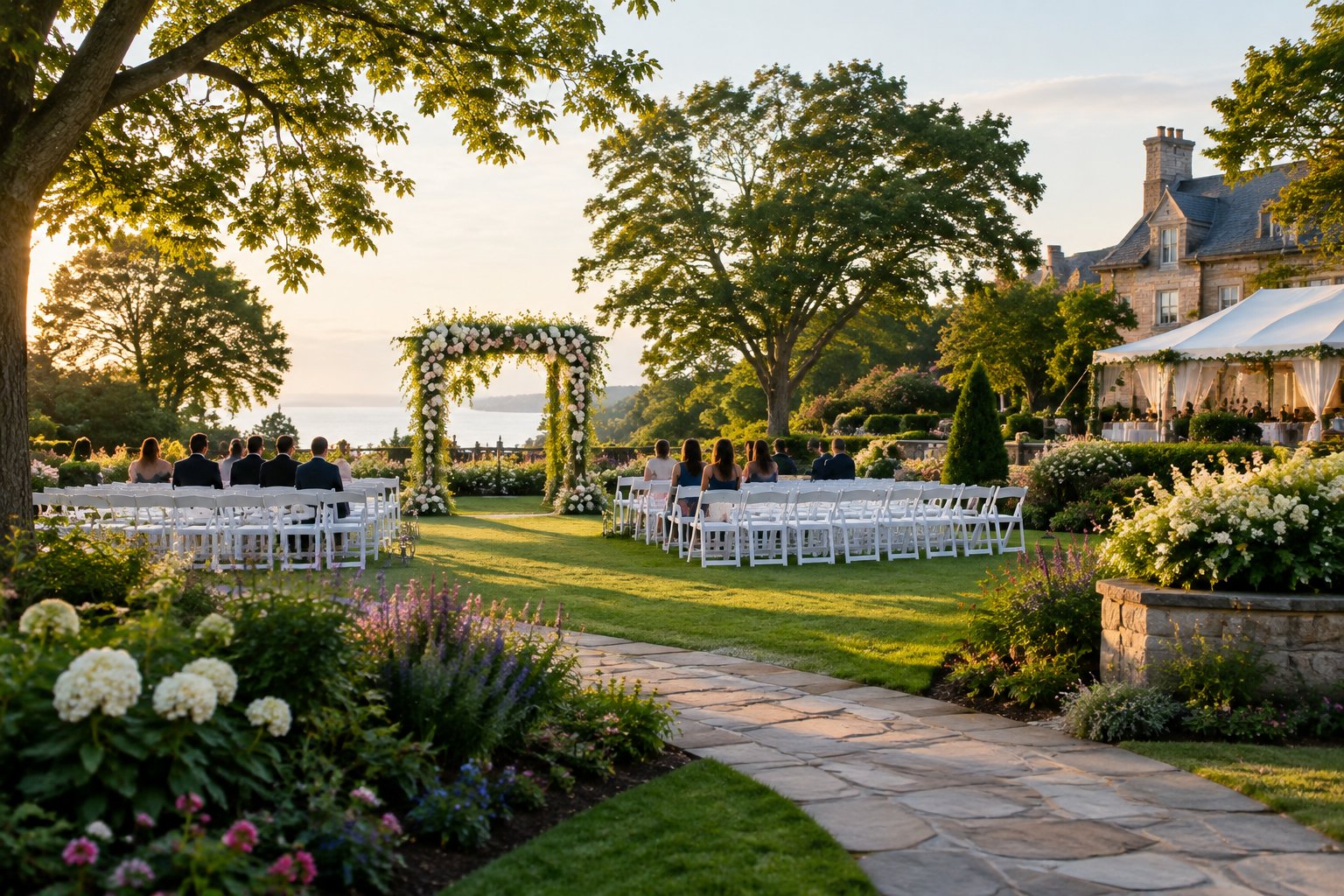 A landscaped garden wedding ceremony area with white chairs, a floral arbor, blooming flowers, and elegant venue grounds.