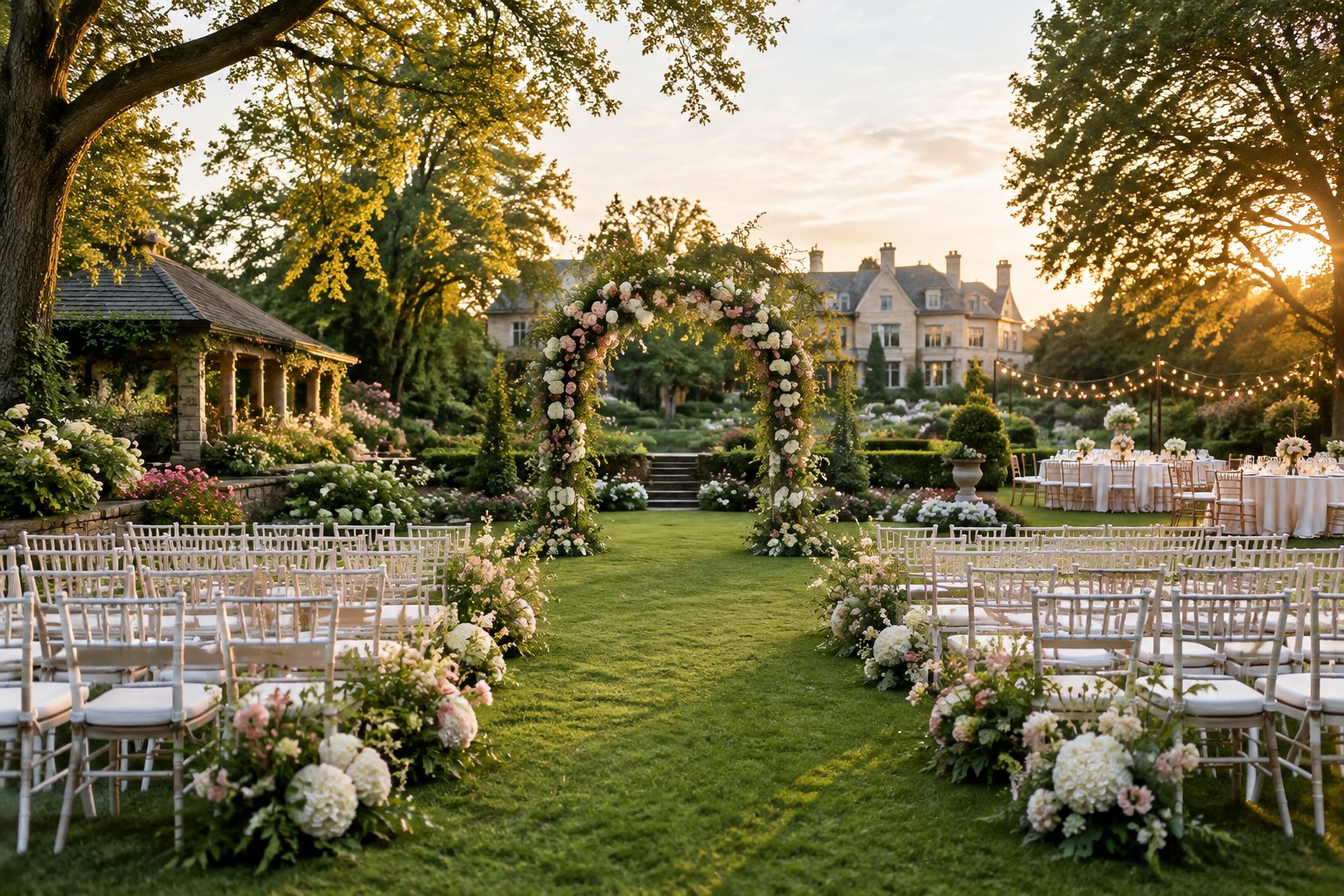 An elegant outdoor wedding ceremony setup in a lush garden with flowers, chairs, and a landscaped estate in the background.